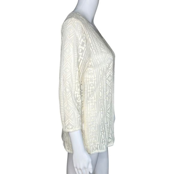 Eddie Bauer Shirt Women Small Cream Sheer Lace Top Embroidered Mesh Feminine - Picture 2 of 8